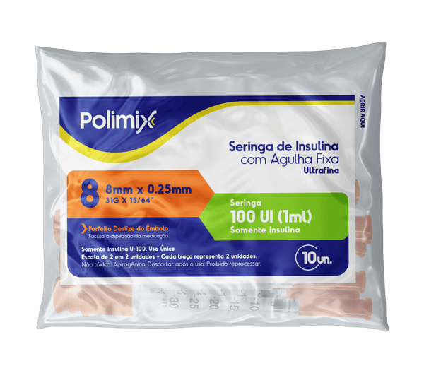 Seringa para Insulina Polimix 100UI com Agulha 8mm - 10 Unidades